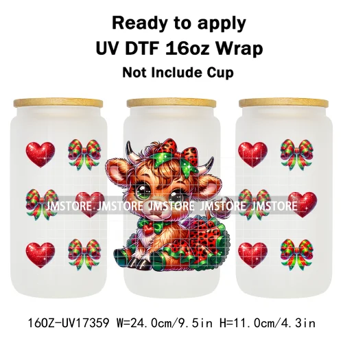 Watercolor Christmas Highland Cows Gift Leopard Print 16OZ UV DTF Cup Wraps Ready To Apply Transfer Sticker For Libbey Glass Can