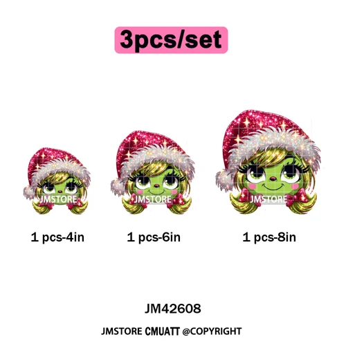 Faux Glitter Cartoon Christmas Movie Green Santa Kid Girly Xmas Iron on DTF Washable Transfer Sticker Ready to Press for Textile
