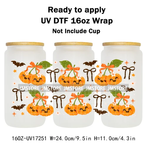 Floral Ghost Coquette Halloween Cherry Lip 16OZ UV DTF Cup Wraps Ready To Apply Waterproof Transfer Sticker For Libbey Glass Can