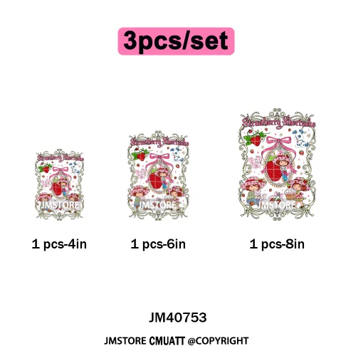 Sweet Strawberry Friends 80s Girl Cartoon Pink Coquette Bows Iron on DTF Washable Transfers Stickers Ready to Press for Clothing