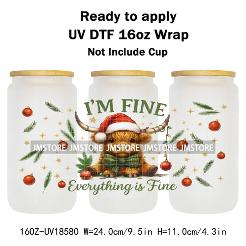 Howdy Christmas Western Highland Cow 16OZ UV DTF Cup Wraps Ready To Apply Waterproof Transfer Stickers For Libbey Glass Can