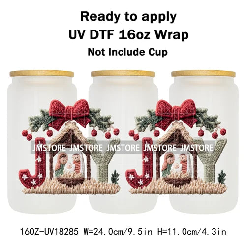 Faux Yarn Crochet Jesus Christmas Religious UV DTF Stickers Ready To Apply Cup Wrap Custom Labels DIY Craft For Libbey Glass Can