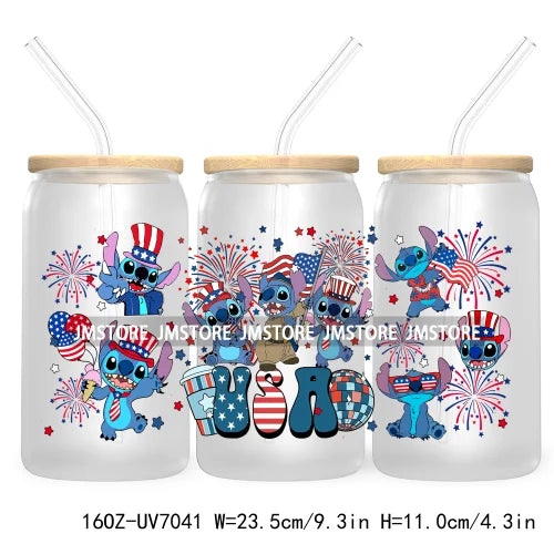 Happy 4TH Of July Cartoon Bear Friends 16OZ UV DTF Cup Wrap Transfer Stickers For Libbey Glass Can Cups Tumbler Waterproof Craft