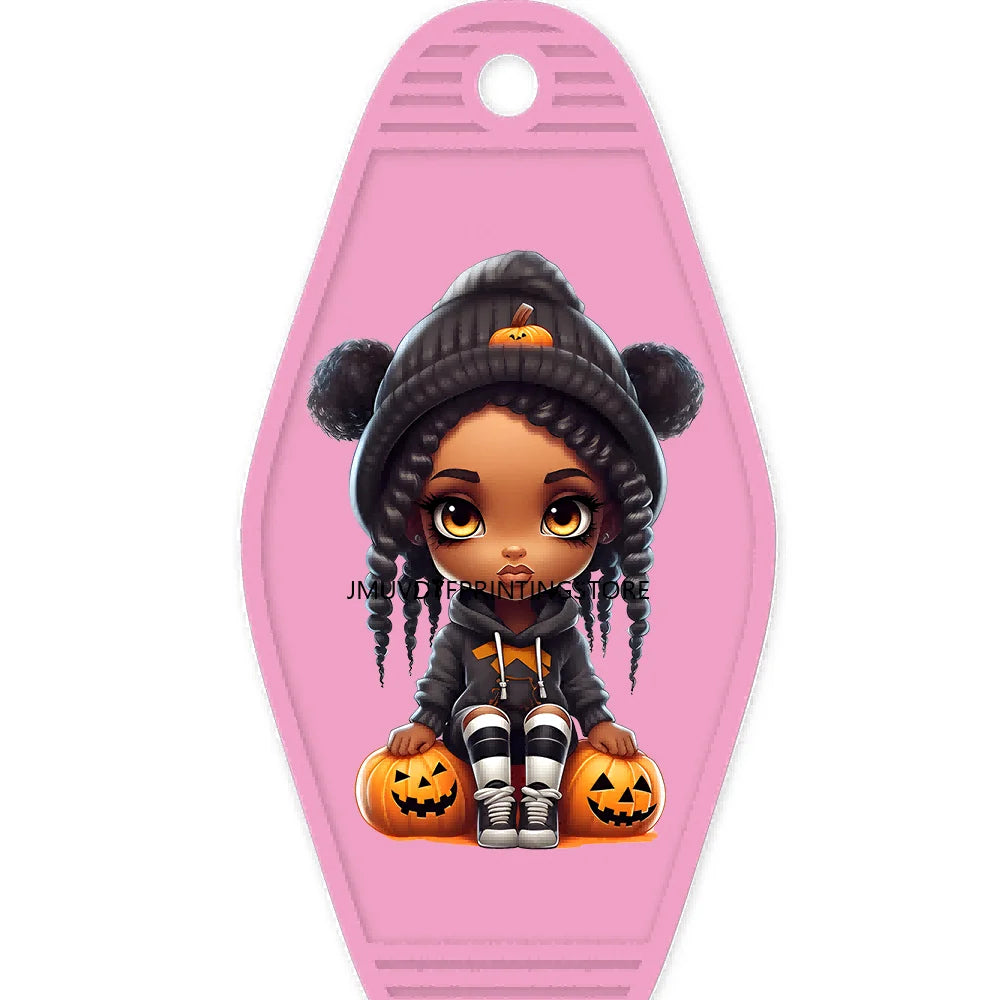 Halloween Pumpkin Cute Afro Girls High Quality WaterProof UV DTF Sticker For Motel Hotel Keychain Festival Gifts