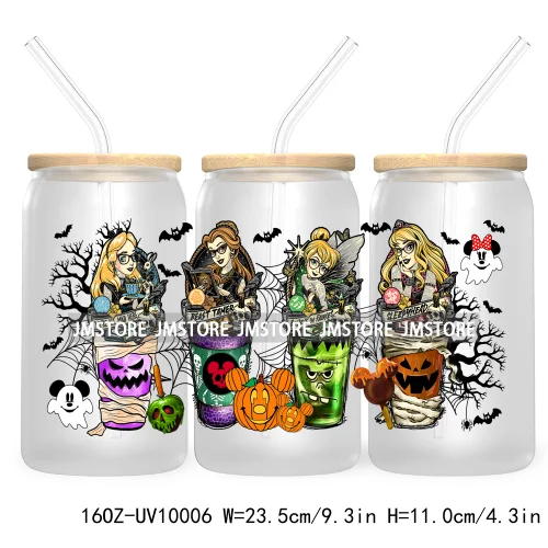 Halloween Coffee Cups UV DTF Sticker For 16OZ Libbey Glass Cup Can Cartoon Princess Wrap Transfer Stickers Custom Labels Logo