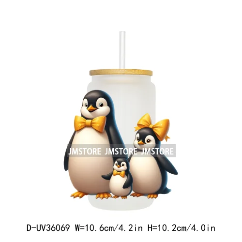 Penguin Family Coquette Bow UV DTF Transfer Stickers Decals Ready To Apply Waterproof For 16OZ Libbey Glass Can Cups Tumbler