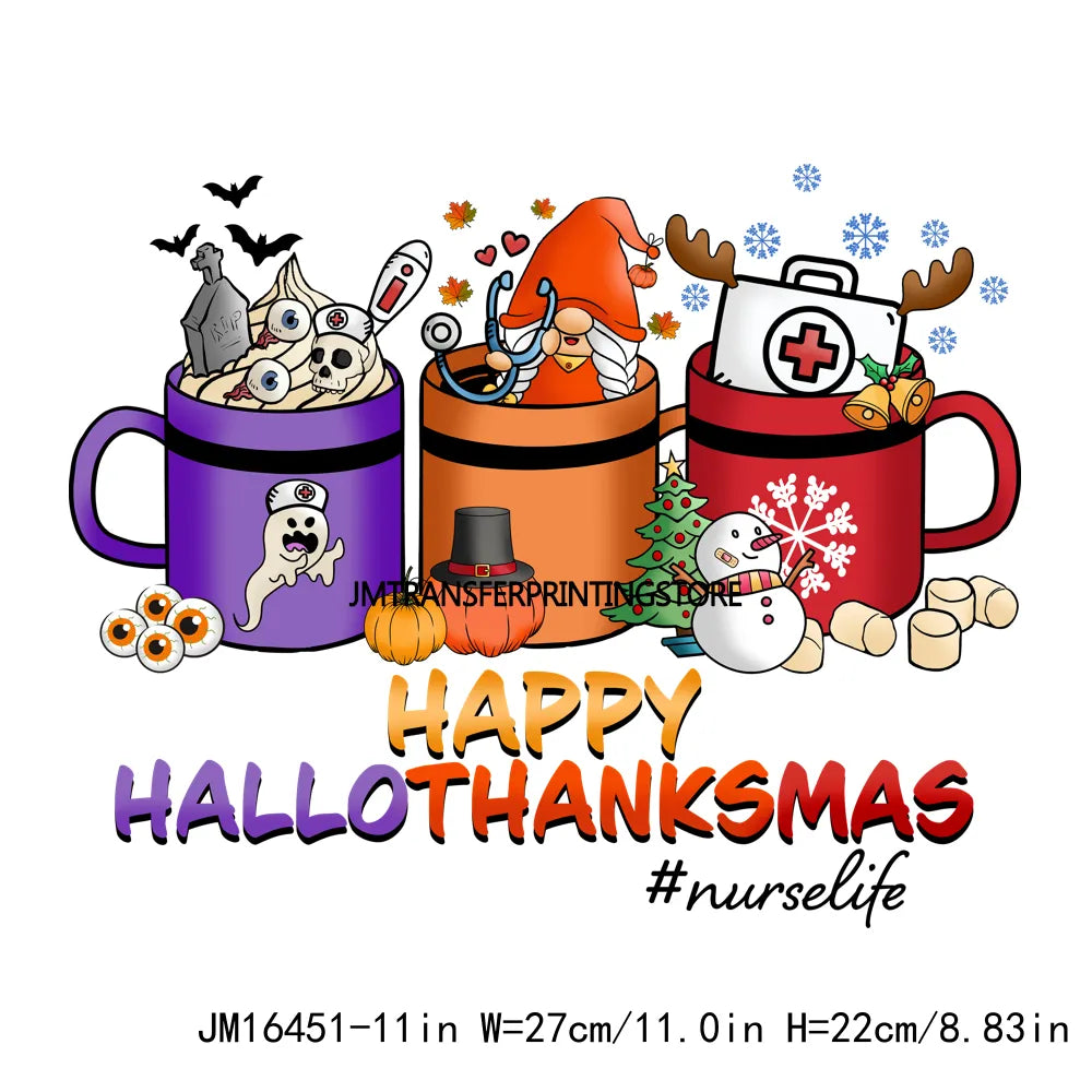 Eat Drink And Be Thankful Hallothanksmas Decals Santa Gnome Coffee Cup Animal Pumpkin Iron On DTF Transfer Sticker For Clothing