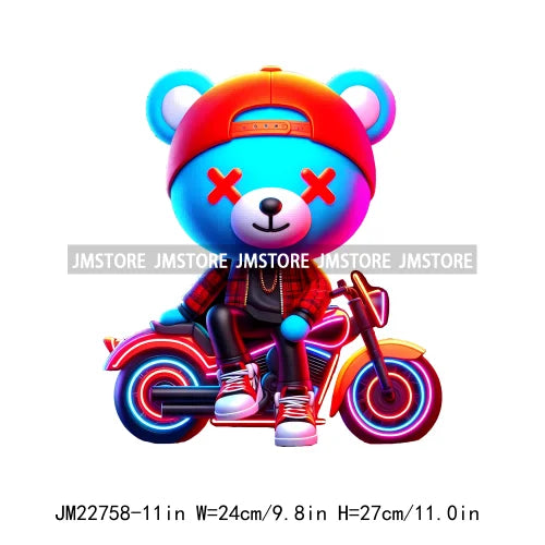 Cool Neon Colorful Hip Hop Streetwear Urban Teddy Bear Iron On DTF Transfers Stickers Ready To Press For Clothing Bags