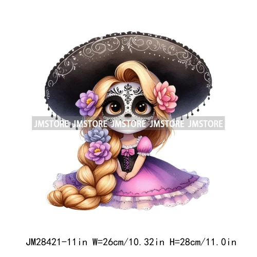 Colorful Day Of The Dead Catrina Princess Baby Girl Sombrero Hat Mexico Conchas Iron On DTF Heat Transfers Stickers For Clothing