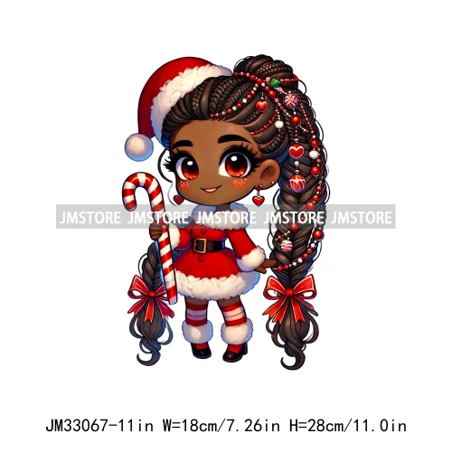 Chibi Candy Santa Girl African American Characters Merry Christmas Gift Iron On DTF Transfer Stickers Ready To Press For Clothes