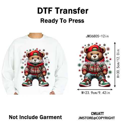 12in Cartoon Gangster Hip Hop Streetwear Teddy Bear Lover Designs Iron on DTF Heat Transfers Stickers Ready to Press for Hoodies