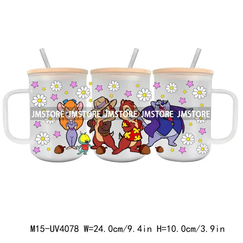 Cartoon Best Friends UV DTF Glass Can Wrap For 15OZ Mug Glass Cup Transfer Stickers DIY Custom Logo Labels Cute Cat Sunflowers