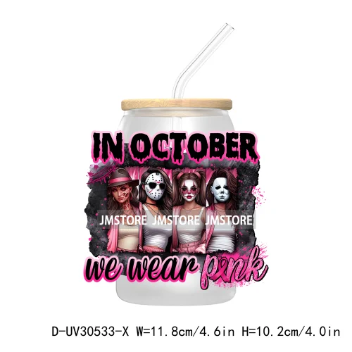 In October We Wear Pink UV DTF Transfers Stickers Decals For Libbey Cold Cups Mugs Tumbler Waterproof Craft Horror Movie Sisters