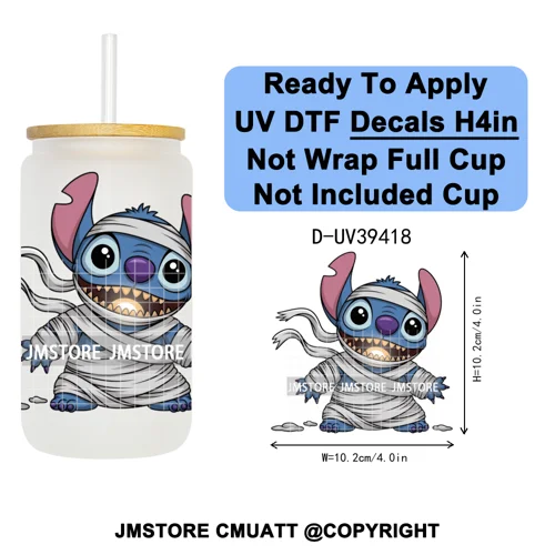 Witch Cartoon Horror Halloween Mummy UV DTF Transfer Stickers Decals Ready To Apply Waterproof For 16OZ Libbey Glass Can Tumbler