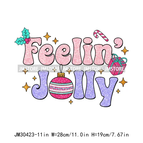 Colorful Holly Jolly Vibes Faux Glitter Christmas Santa Sleigh All Day Iron On DTF Transfers Stickers Ready To Press For Clothes