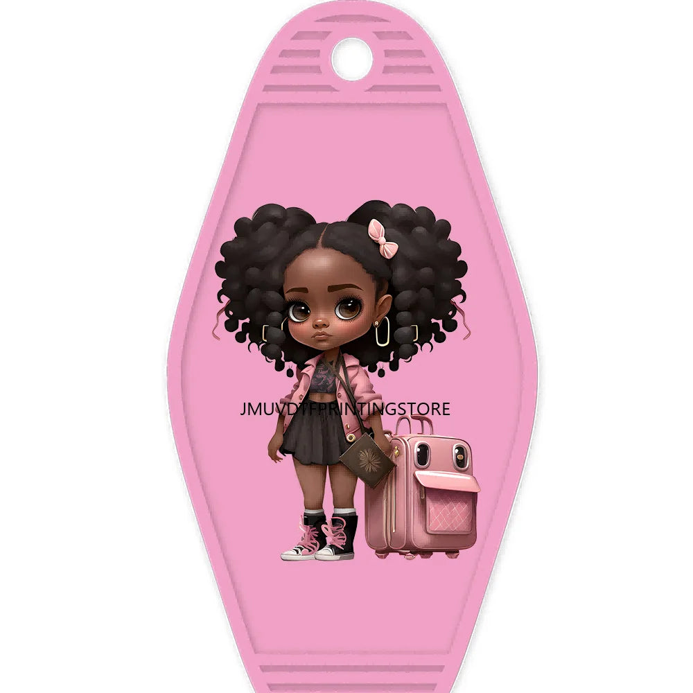 School Melanin Black Girls With Luggage High Quality WaterProof UV DTF Sticker For Motel Hotel Keychain Afro Children