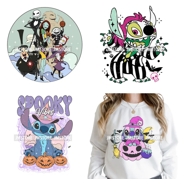 Funny Halloween Spooky Vibes Cartoon Characters Pumpkin Iron on DTF Washable Transfers Stickers Ready to Press for T-shirts Bags