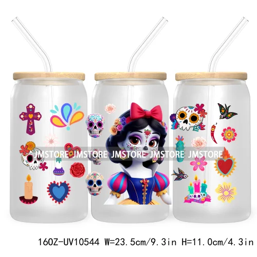 Dia De Los Muertos Mexican UV DTF Sticker For 16OZ Libbey Glass Cup Can Wrap Transfer Stickers Hispanic Halloween Sugar Skulls