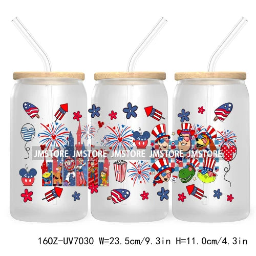 Happy 4TH Of July Cartoon Bear Friends 16OZ UV DTF Cup Wrap Transfer Stickers For Libbey Glass Can Cups Tumbler Waterproof Craft