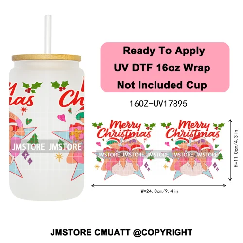Merry Christmas Kpop Movie Character Anime Girl UV DTF Stickers Ready To Apply Cup Wrap High Quality For 16OZ Libbey Can Glass
