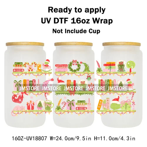 Coquette Bow Cartoon Christmas Green Guy UV DTF Cup Wrap Ready To Apply Transfer Stickers Waterproof For 16OZ Libbey Glass Can