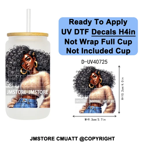 Big Hair Fashionable Black Girl UV DTF Decals Ready To Apply Waterproof Transfer Stickers DIY Crafts For 16OZ Libbey Glass Can