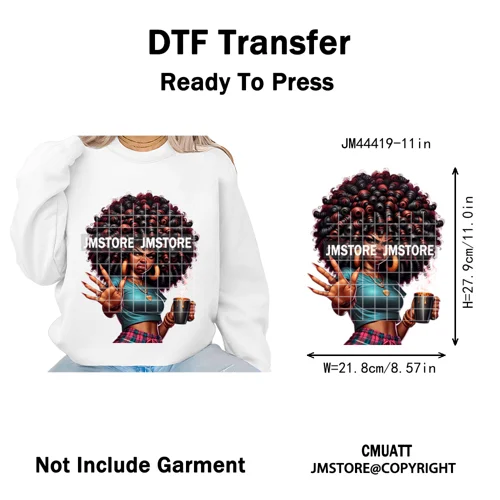 Sassy Facial Expressions Black Girl Housewife Remote Work Iron on Washable DTF Transfers Stickers Ready to Press for Sweatshirts