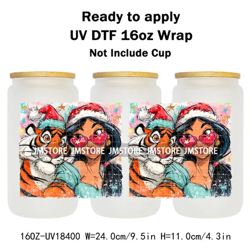 Brushstroke Christmas Glitter Princess UV DTF Cup Wrap Ready To Apply Transfer Stickers 16OZ Tumbler Wraps For Libbey Glass Can