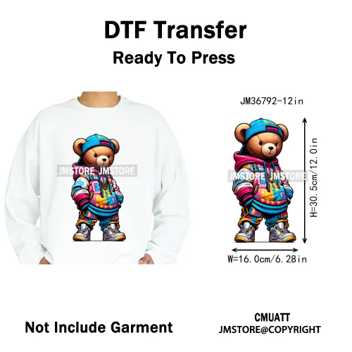 12in Cartoon Gangster Hip Hop Streetwear Teddy Bear Lover Designs Iron on DTF Heat Transfers Stickers Ready to Press for Hoodies