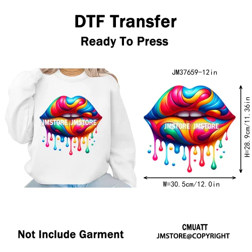 12in Glossy Dripping Lips Streetwear Graffiti Trap Girls Iron on DTF Thermal Transfer Stickers Ready to Press for Woman Clothing