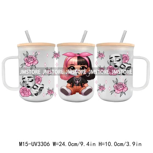 Cartoon Chicano Girls Rose UV DTF Glass Can Wrap For 15OZ Mug Coffee Cup Transfer Sticker DIY Custom Logo Labels Mexican Culture