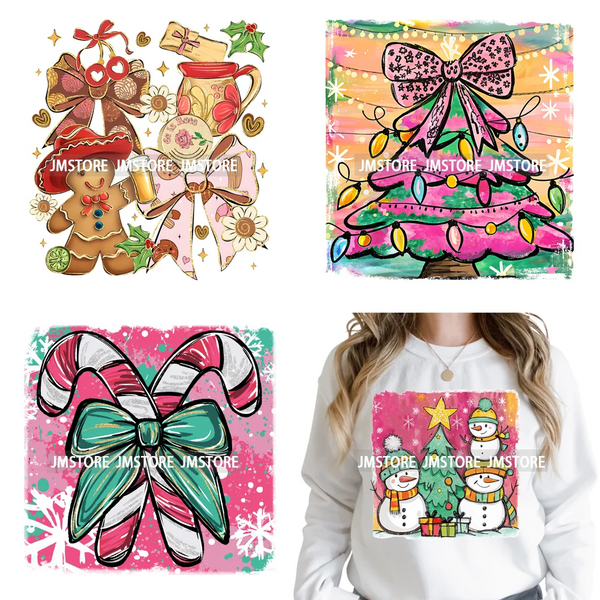 Preppy Brushstroke Gingerbread Santa Bow Tree Merry Christmas Girly Iron on DTF Transfers Stickers Ready to Press for T-shirts