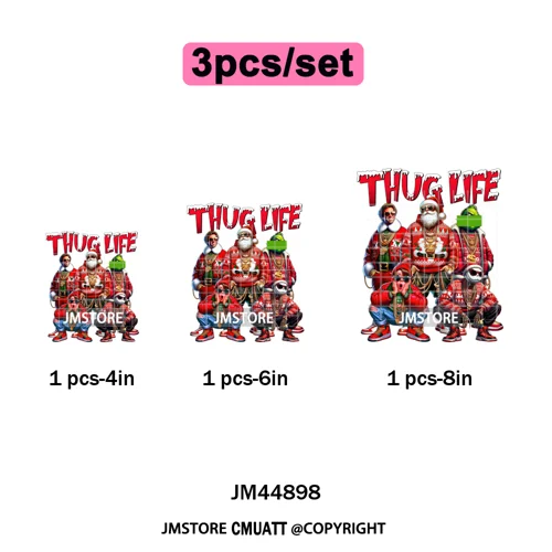 Winter Christmas Cartoon Holiday Characters Thug Life Green Iron on Washable DTF Transfers Stickers Ready to Press for Textiles