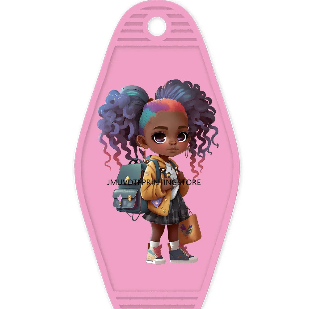 School Melanin Black Girls With Luggage High Quality WaterProof UV DTF Sticker For Motel Hotel Keychain Afro Children