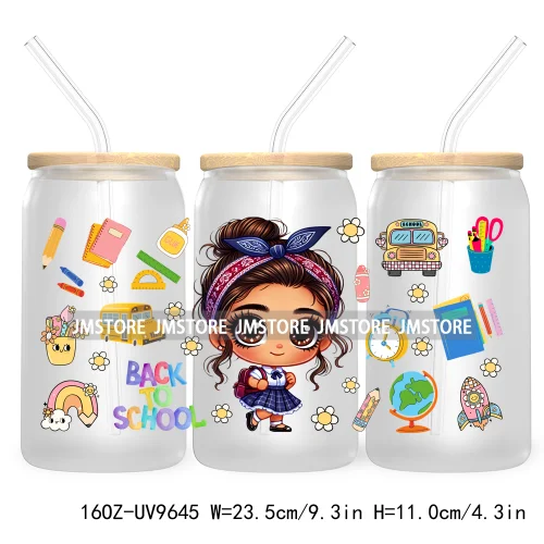 Back To School Cartoon Princess 16OZ UV Cup Wrap DTF Transfer Sticker For Libbey Glass Can Cups Tumbler Waterproof Label Teacher