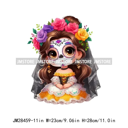 New Day Of The Dead La Catrina Dresses Girls Skull Flower Iron On DTF Transfers Stickers Ready To Press For Sweatshirt Bags