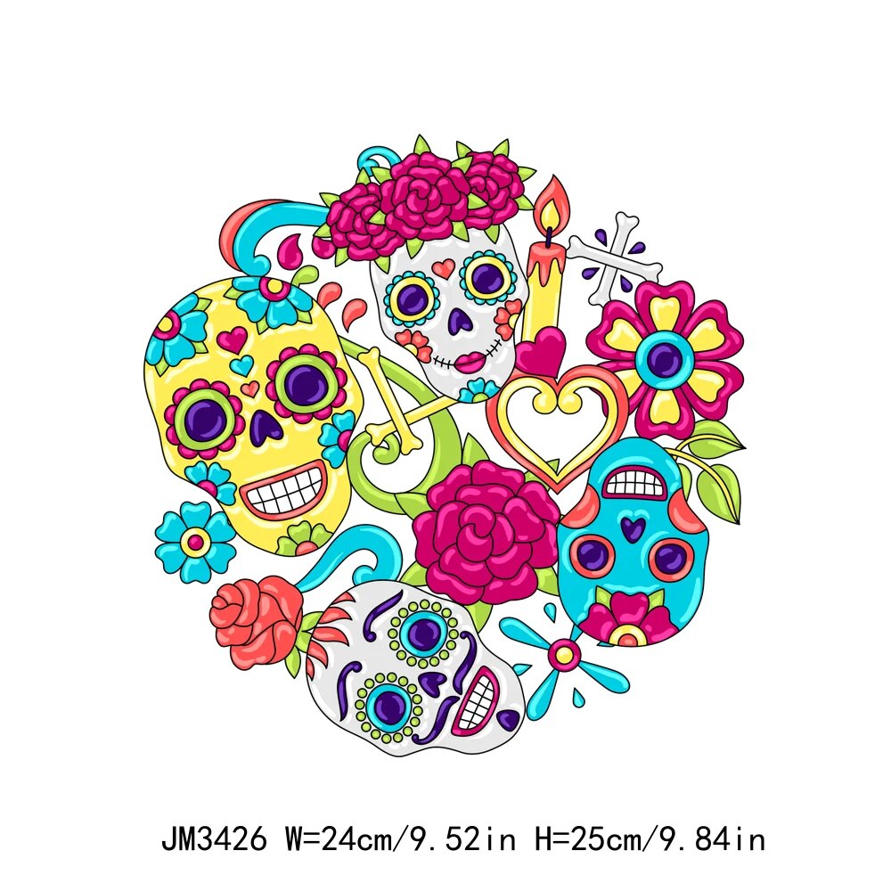 High Quality Mexican Day of the Dead DIY Heat Transfer Iron On Decals Clothes Logo Sticker Washable Thermal Printing Patch