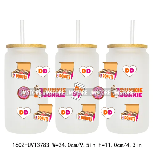 Dunkie Junkie Coffee Donuts UV DTF Wraps Transfer Sticker Selfadhesive Waterproof High Quality For 16OZ Libbey Glass Can Tumbler