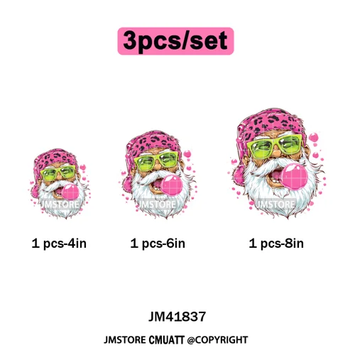 Pink Cartoon Glasses Coffee Drink Leopard Blowing Santa Claus Christmas Iron on DTF Transfer Stickers Ready to Press for T-shirt