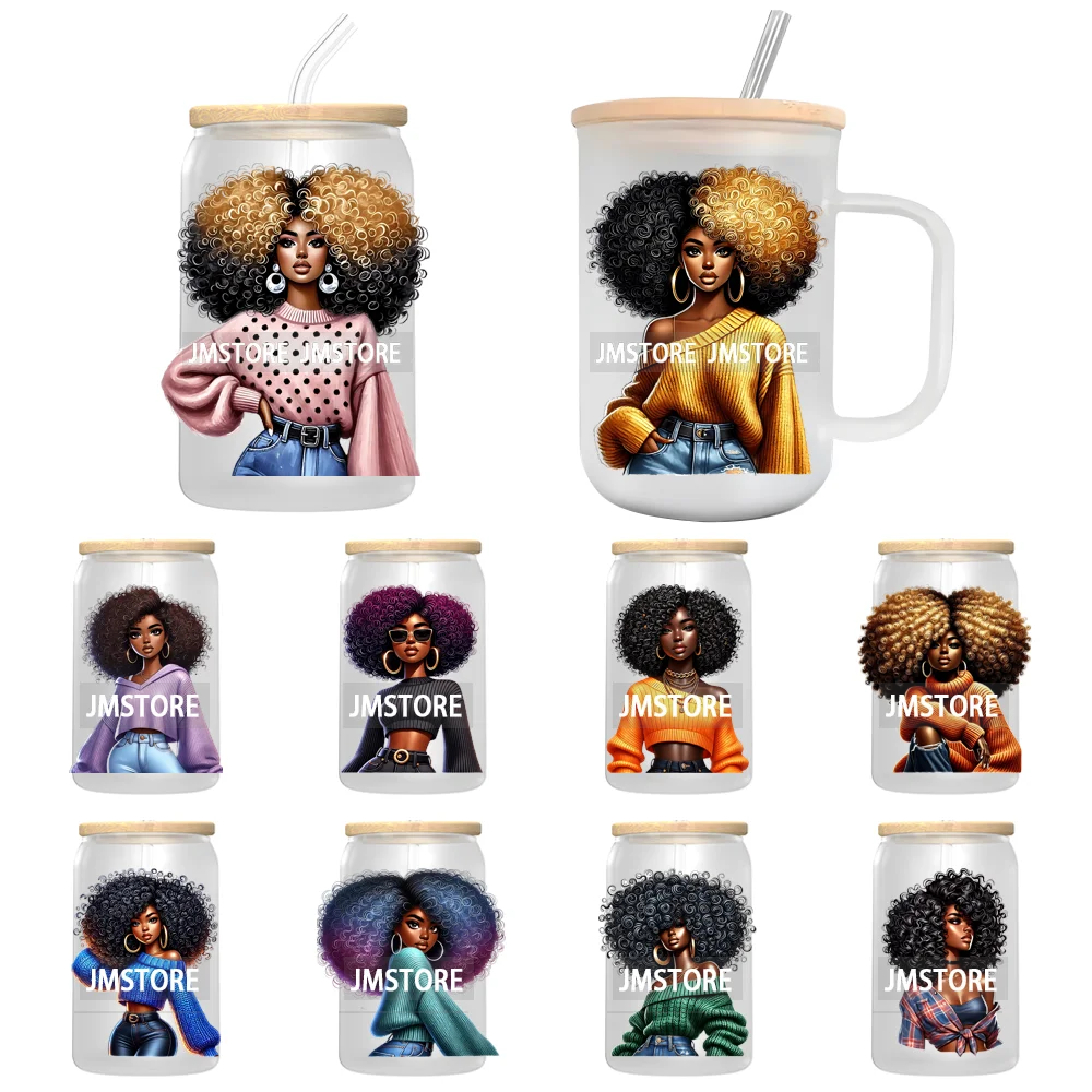 Big Hair Fashionable Black Girl UV DTF Decals Ready To Apply Waterproof Transfer Stickers DIY Crafts For 16OZ Libbey Glass Can