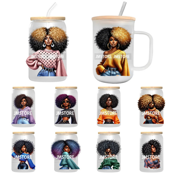 Big Hair Fashionable Black Girl UV DTF Decals Ready To Apply Waterproof Transfer Stickers DIY Crafts For 16OZ Libbey Glass Can