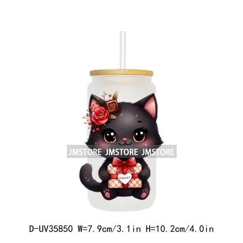 Valentine's Day Black Cat Couple UV DTF Transfer Stickers Decals Ready To Apply Waterproof For 16OZ Libbey Glass Can Cup Tumbler