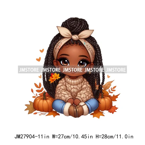 New Autumn Chibi Black Baby Girls Cartoon Afro Princess Pumpkin Fall Season DTF Iron On Heat Press Transfer Stickers For Hoodies