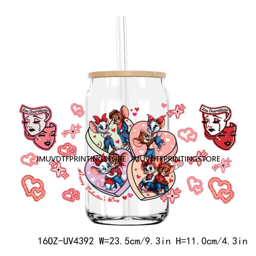 Chicano Cartoon Mouses Couple Valentine 16OZ UV DTF Cup Wrap Transfers Stickers Custom DIY Waterproof Logo For Libbey Glass Can