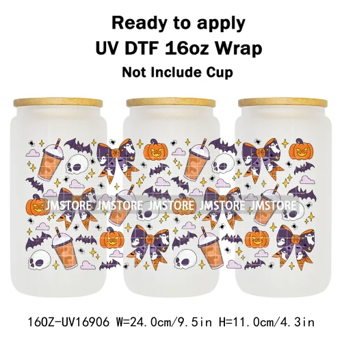 Spooky Season Halloween Pumpkin Ghost Witch Dogs UV DTF Wraps Transfer Sticker Selfadhesive Waterproof For 16OZ Libbey Glass Can
