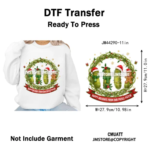 Merry Pickles Christmas Xmas Cucumber Holiday Santa Iron on Washable DTF Heat Transfer Stickers Ready to Press for T-shirts Bags