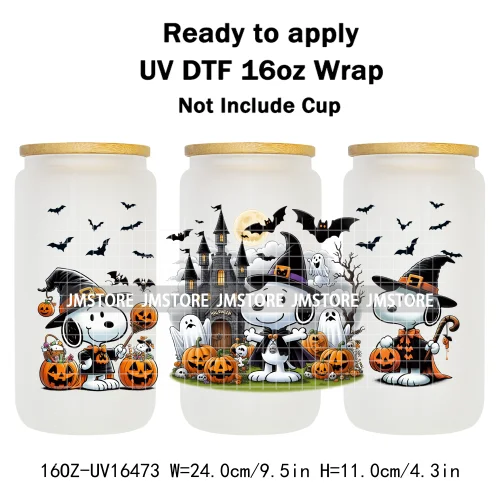 Spooky Ghost Halloween Pumpkin Cartoon Dog 16OZ UV DTF Cup Wraps Ready To Apply Waterproof Transfer Sticker For Libbey Glass Can
