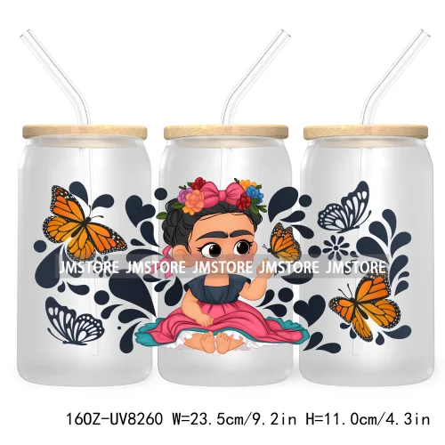 Mexican Butterfly Flowers 16OZ UV DTF Cup Wrap Transfer Sticker Custom Label Waterproof Logo For Libbey Glass Can Latina Culture