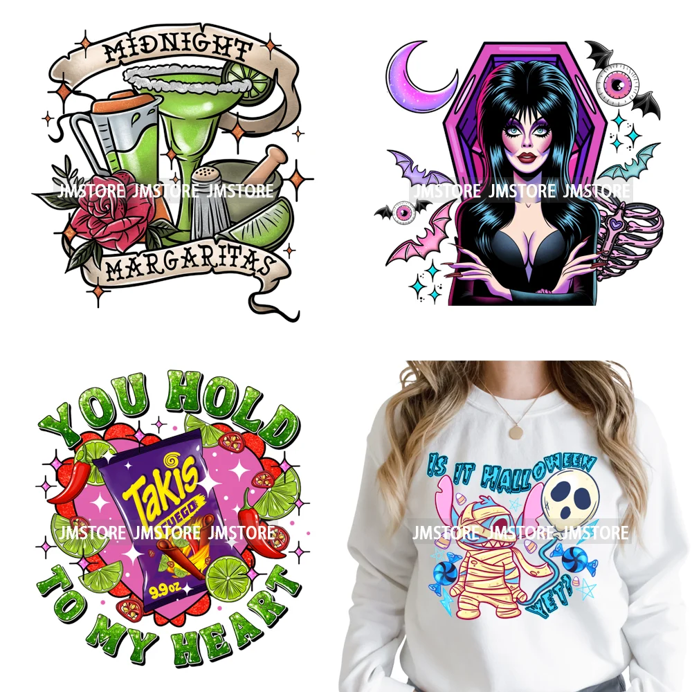 Trendy Margaritas Scary Movie Halloween Monsters Season Iron on DTF Washable Heat Transfers Stickers Ready to Press for Hoodies