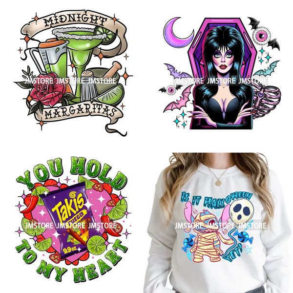 Trendy Margaritas Scary Movie Halloween Monsters Season Iron on DTF Washable Heat Transfers Stickers Ready to Press for Hoodies